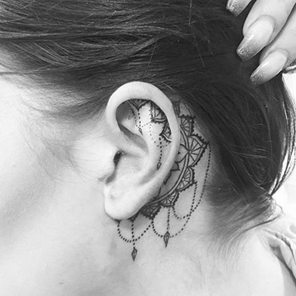 Gemma Arterton Behind Ear Wing Tattoo