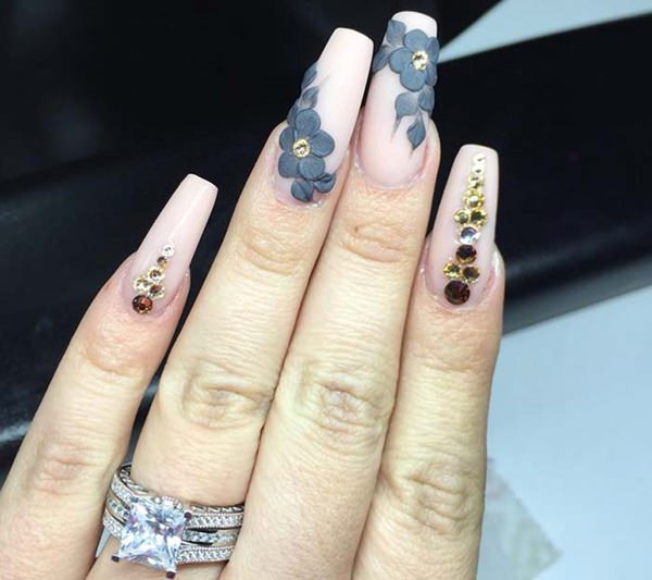 Flowers and crystals nail design