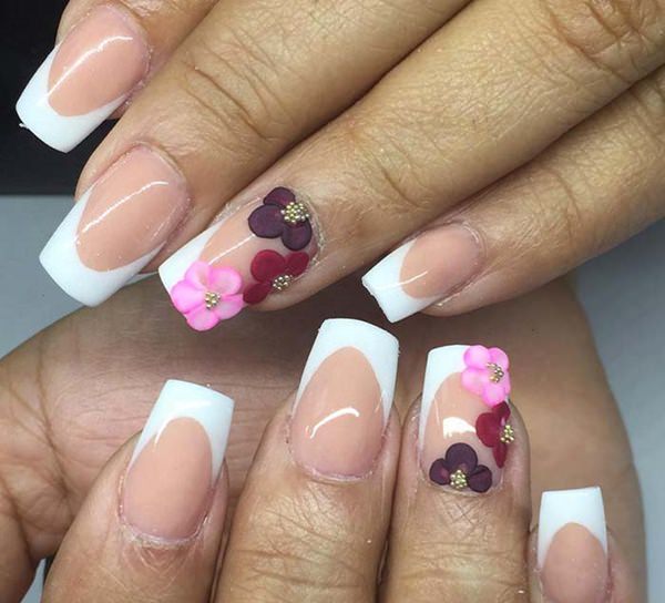 White tips and flowers nail design