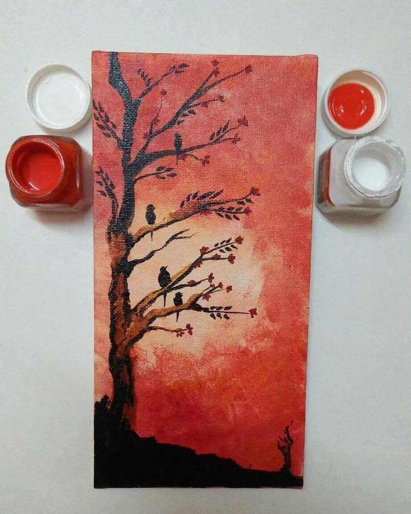 birds on trees canvas painting