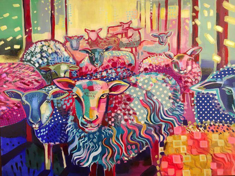 brightly colored sheeps canvas painting